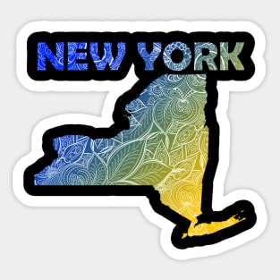 Colorful mandala art map of New York with text in blue and yellow Sticker